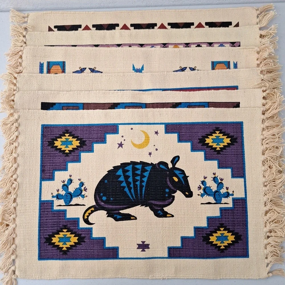 Vtg El Paso Saddleblanket Co Southwestern Woven Placemats Aztez Designs, 6 pc